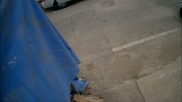 A fire hydrant sitting next to a blue tarp