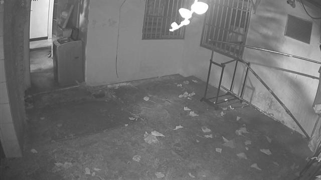 A black and white photo of a man in a jail cell