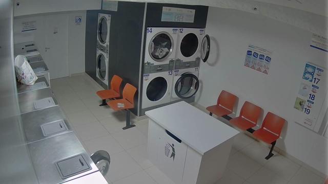 A fish eye view of people in a laundry room