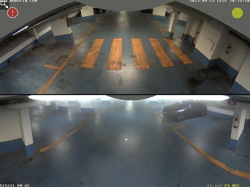 Two pictures of a car parked in a parking garage
