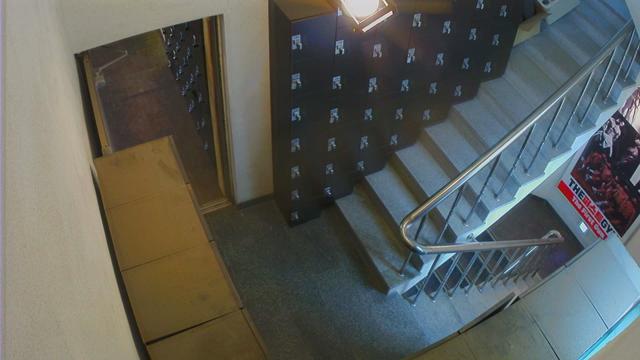 A stairwell with a metal hand rail and a wall with pictures on it