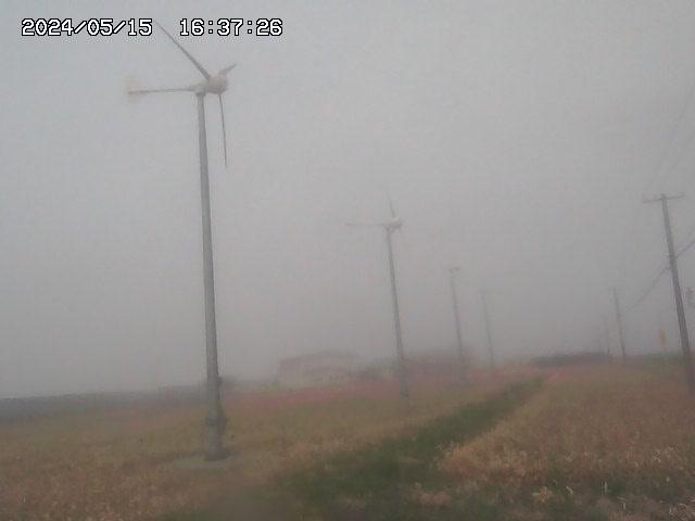 A blurry photo of a street light and wind mills