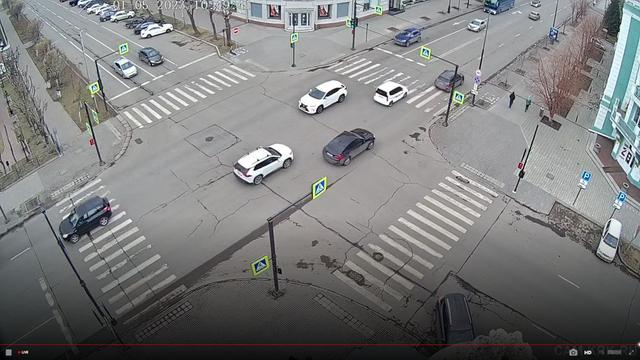 An aerial view of a city intersection with cars