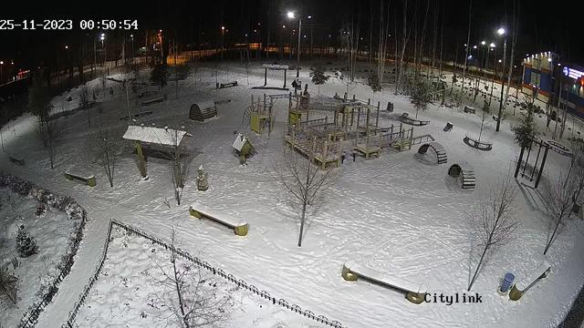 An aerial view of a park at night