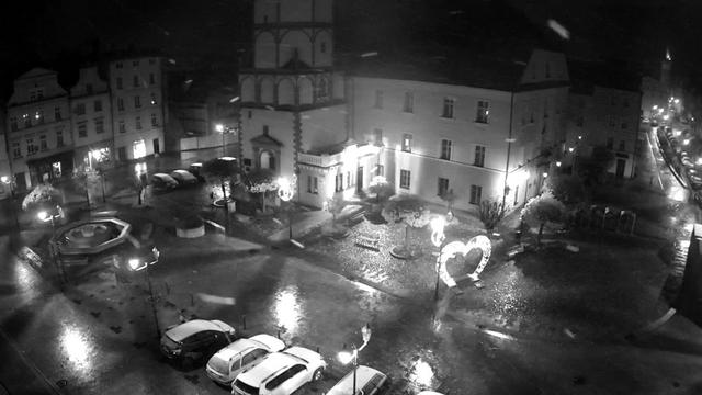An aerial view of a town square in the rain