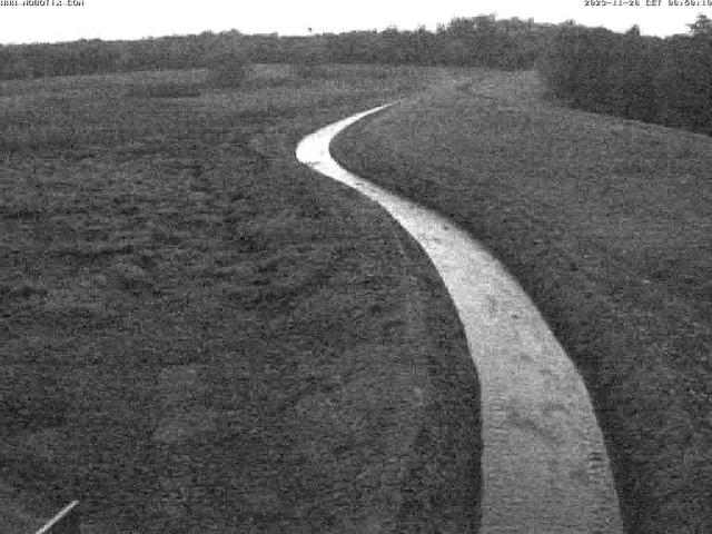 A black and white photo of a river running through a field
