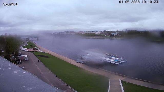 A webcam image of a boat in a body of water